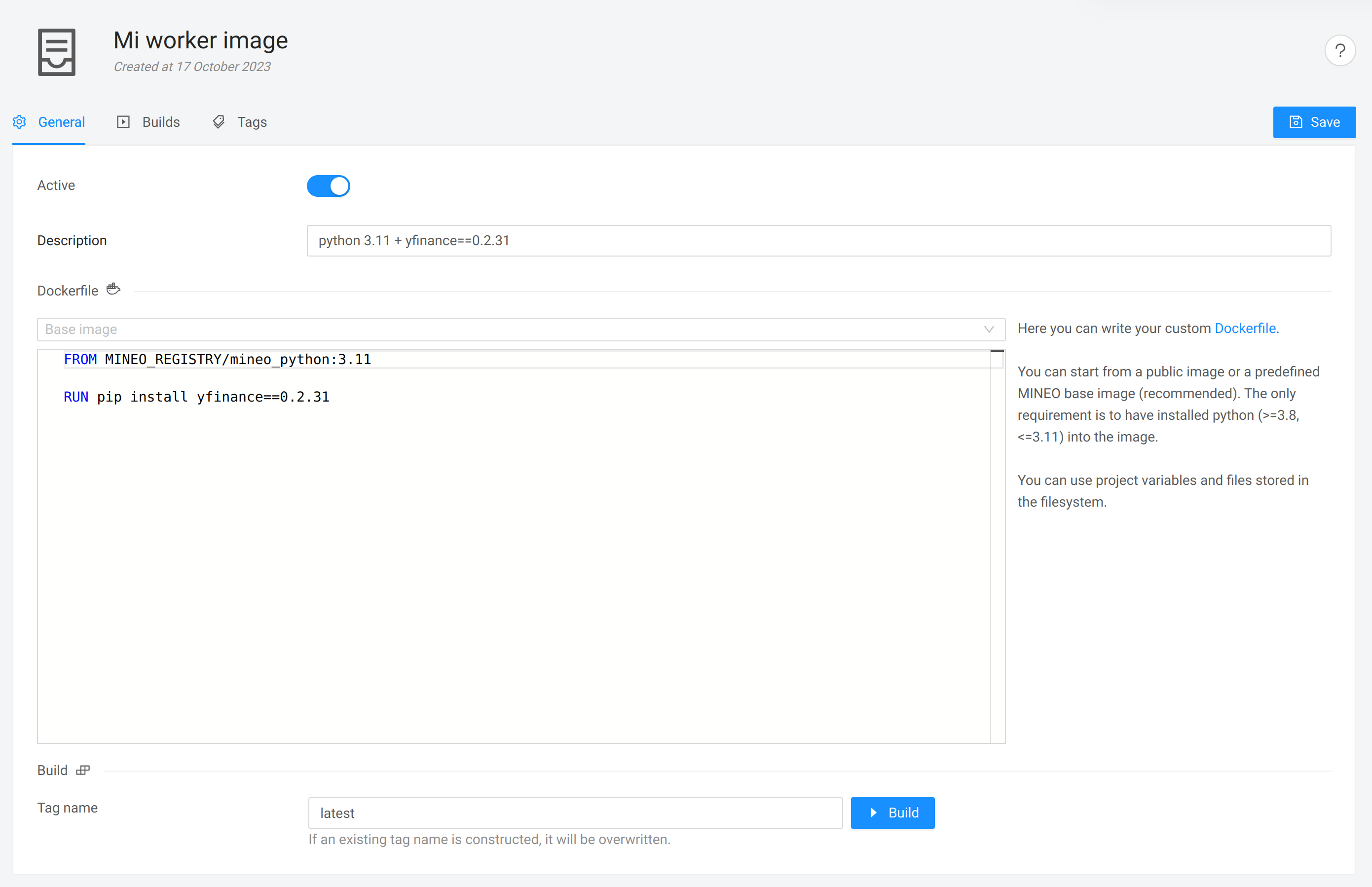 Write Dockerfile with Python base image and project specifications