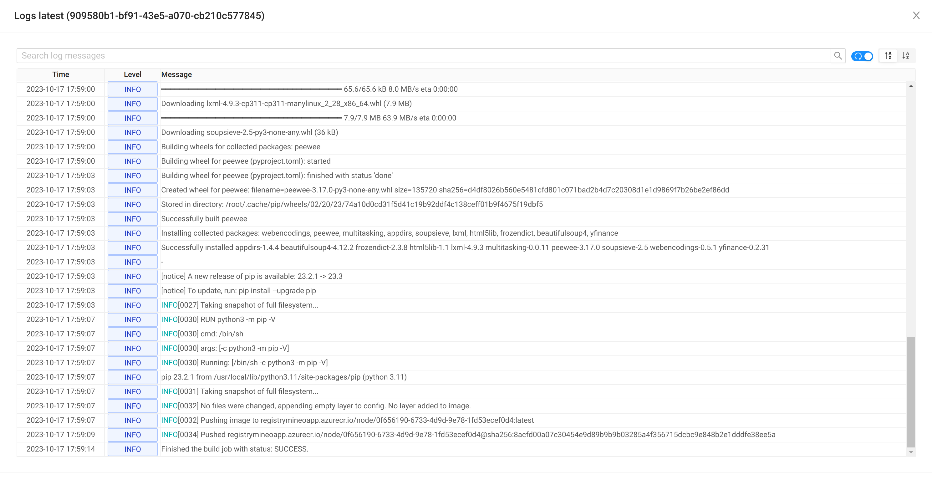 Build process with real-time logs and automatic tag creation